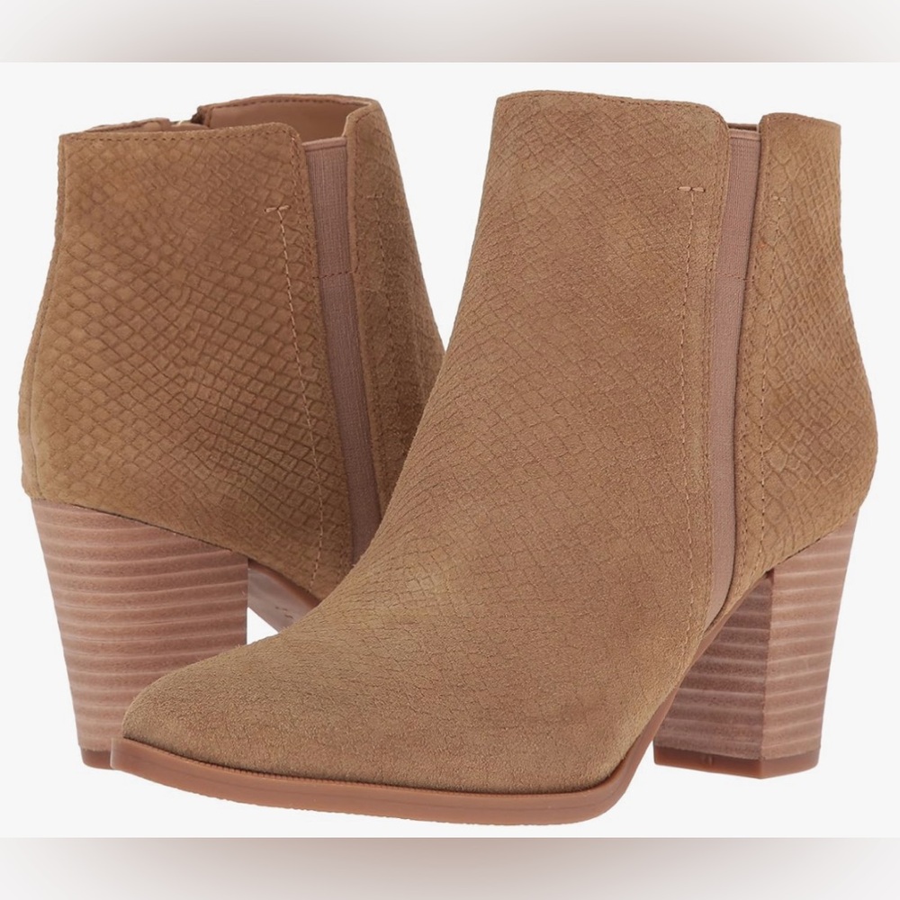 Franco Sarto Women's Dipali Ankle Bootie, Camel Snake Size 7 Leather Suede 3” H